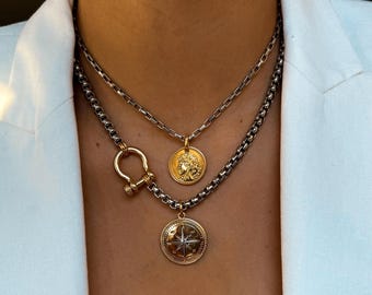 Gold Horseshoe Shackle Clasp Necklace | Compass Charm Necklace | Gold Venetian Chain Necklace | Boxchain Charm Necklace, Valentines Gift
