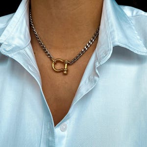 Gold carabiner lock charm necklace Silver Cuban chain necklace with Screw Marine Shackle Horseshoe Clasp Anchor Carabiner Anchor Shackle