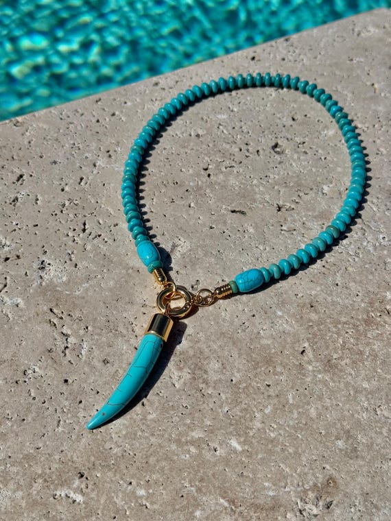 Turquoise Tusk Beaded Necklace: Handmade 18