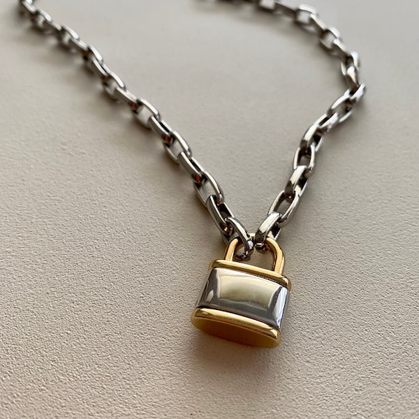 Lock Necklace | Padlock Pendant Charm Hardware Necklace Oversized Padlock Necklace Paperclip  Chain Silver Mens Unisex Chunky Cute Necklace