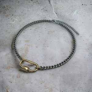 Gold carabiner lock charm necklace Silver Cuban chain necklace with Gold carabiner clasp Carbiner clasp necklace Duo tone necklace chain