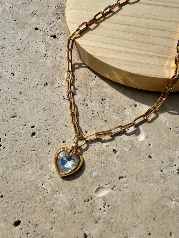 18k Gold Heart Charm Paperclip Chain Necklace | Christmas Jewelry