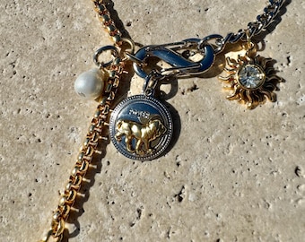 Lion Y Lariat Necklace | Multi Charms Necklace | Mixed Metals Charms Necklace | Carabiner Charm Necklace | Christmas Jewelry Gift