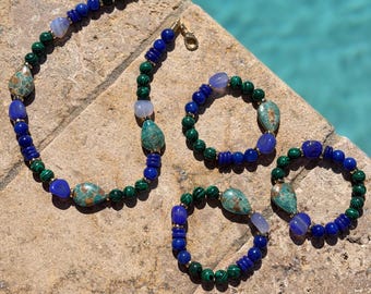 Green & Blue Necklace and Bracelet Beaded Bracelets | Gemstone Bracelets | Gemstone Necklace Colorful Necklace Green Necklace Blue Necklace