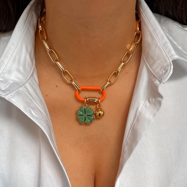 Collier mousqueton | Gros collier ras du cou avec un trombone Collier à breloques trèfle vert Retour à l'école Preppy Collier mignon | Cadeau pour maman