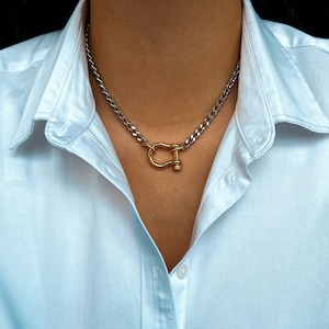 Gold carabiner lock charm necklace Silver Cuban chain necklace with Screw Marine Shackle Horseshoe Clasp Anchor Carabiner Anchor Shackle