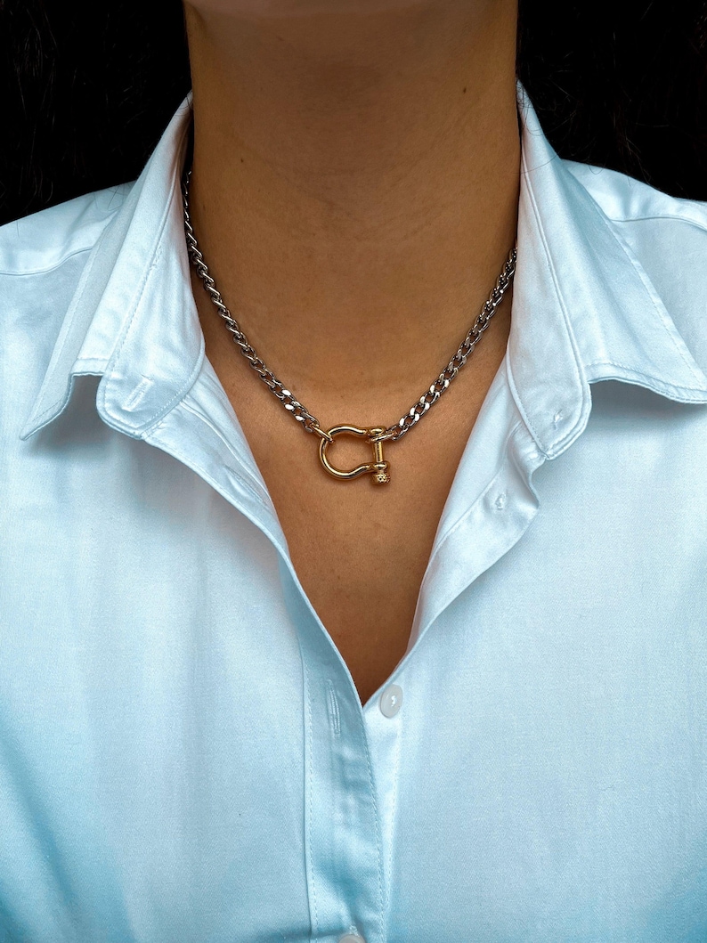 Gold carabiner lock charm necklace Silver Cuban chain necklace with Screw Marine Shackle Horseshoe Clasp Anchor Carabiner Anchor Shackle