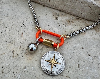 17" Silver Chain Necklace with Orange Carabiner Clasp and 2 Charms of Your Choice: Mixed Metals Charm, Silver Box Chain | Jewelry Gifts