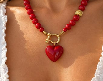 Puffy Enameled Heart Beaded Necklace | Red Heart Necklace | Pink Beaded Necklace | Puff Heart Jewelry | Puffed Love Heart Necklace