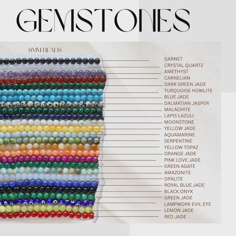 May include: A color chart titled GEMSTONES displaying rows of 8mm beads in various colors and materials. Labeled rows include garnet, crystal quartz, amethyst, carnelian, jade varieties, turquoise howlite, dalmatian jasper, malachite, and lapis lazuli.