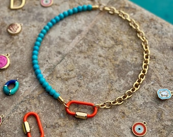 Half Bead Half Chain Charm Necklace | Modern Gemstone Necklace | Gift for Her | Personalized Jewelry | Custom Beaded Choker Carabiner Choker
