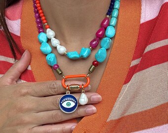 Boho Tassel Charm Necklace Set|  Turquoise, Magenta Beads & Evil Eye | Jewelry Gifts Jewelry Gift Resort Jewelry | Galentine's Gift