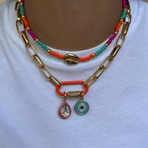 Cowrie Shell Choker: Orange Carabiner, Evil Eye Charm | Jewelry Gifts Jewelry Gift Resort Jewelry | Galentine's Gift | Wholesale Jewelry