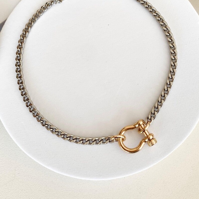Gold carabiner lock charm necklace Silver Cuban chain necklace with Screw Marine Shackle Horseshoe Clasp Anchor Carabiner Anchor Shackle