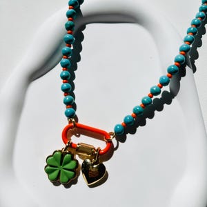 18" Charms Necklace | Colorful Beaded Gemstone Carabiner Clasp Necklace: Colorful Beaded Summer Jewelry | Wholesale Jewelry for Boutique