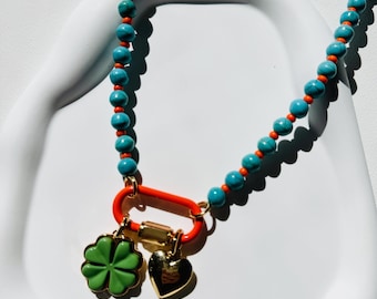 18" Charms Necklace | Colorful Beaded Gemstone Carabiner Clasp Necklace: Colorful Beaded Summer Jewelry | Wholesale Jewelry for Boutique