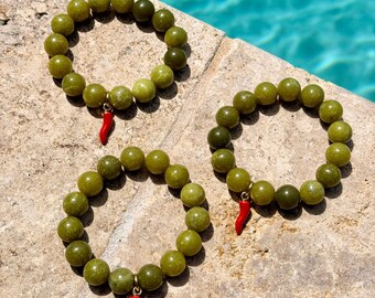 Green Jade Pepper Necklace | 12mm Beaded Necklace | Chunky Green Necklace | Cornicello Charm Jewelry | Statement Necklace  Gemstone Necklace