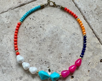 Summer Colors Beaded Choker: Turquoise, Pink & Freshwater Pearl | Jewelry Gifts Jewelry Gift Resort Jewelry | Galentine's Gift