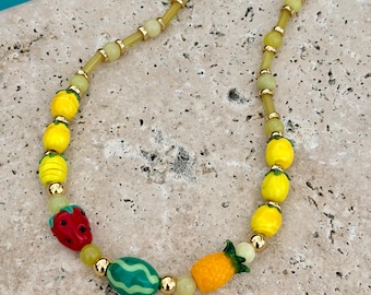 Limoncello Fruit Salad Necklace | Lampwork Beads Necklace | Lemon Jade Necklace | Lemon Necklace | Strawberry Necklace | Pineapple Necklace
