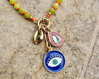 Lemon Jade Necklace Personalized Beaded Necklaces | Custom Beaded Charm Gemstone Necklace | Carabiner Clasp Charm Necklace