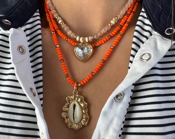Orange Cowrie Shell Chain | Long Beaded Chain | Cat Eye Necklace with Crystal Heart Charm | Layered Necklace Set | Christmas Gift for Women