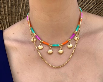 Colorful double layered necklaces Shell charm necklace Thick gold link chain necklace Multicolored beads choker necklace Gift for her