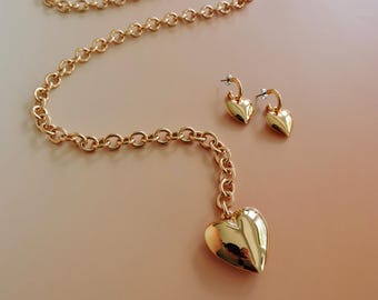34" Gold Puffy Heart Chain Necklace | Small Puffy Heart Earrings | Golf Puffed Heart Bracelet | Chain Jewelry | Jewelry Gifts Jewelry Gift