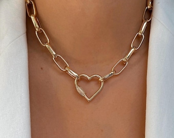 Gold Heart Carabiner Necklace Valentines Gift | Chunky Paperclip Chain with Heart Clasp | Jewelry Gifts Jewelry Gift Resort Jewelry