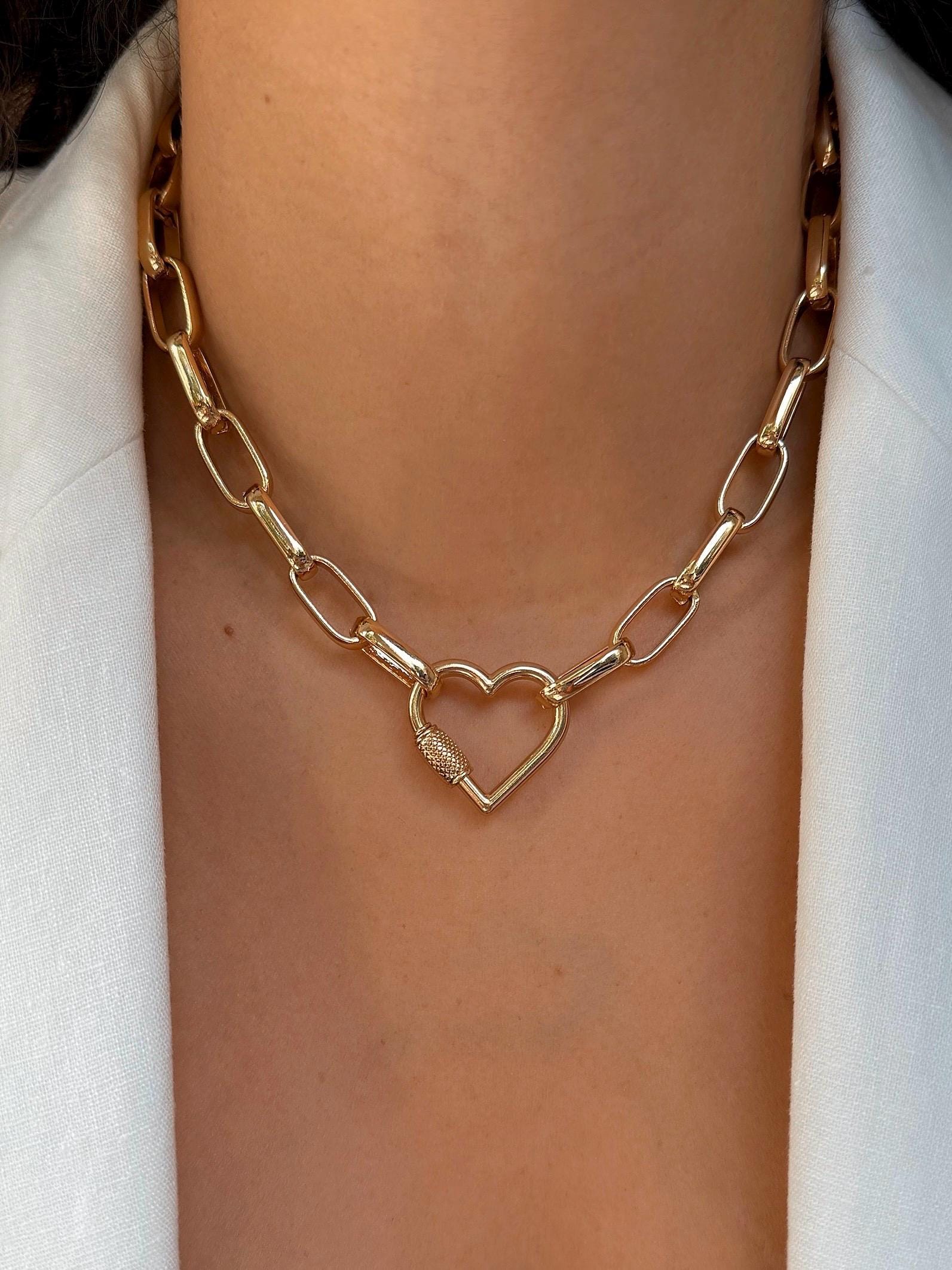 Gold Heart Carabiner Necklace Valentines Gift | Chunky Paperclip