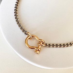 Gold carabiner lock charm necklace Silver Cuban chain necklace with Screw Marine Shackle Horseshoe Clasp Anchor Carabiner Anchor Shackle