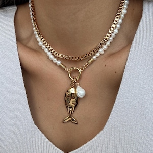 16&quot; Gold Fish Necklace | Freshwater Pearl Beaded Necklace | Gold Choker Necklace | Gift for Her Jewelry