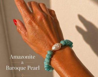 Nugget Gemstone & Baroque Pearl Bracelet | Amazonite Bracelet | Aquamarine Bracelet | Aventurine Bracelet | Kunzite Bracelet | Rhodonite