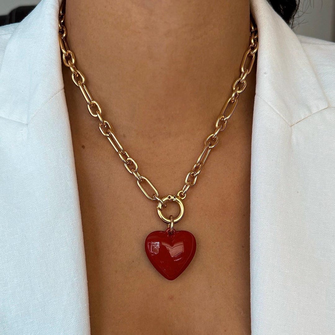 [韓国人気ジュエリー] nff fluffy heart necklace-red Red heart necklace, puffy heart chain, couples necklace