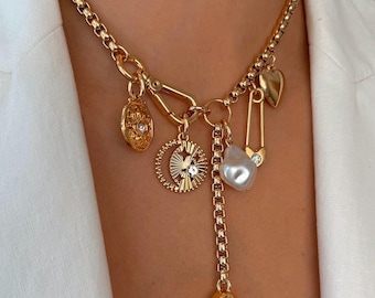 Bubble Evil Eye Y Lariat Necklace | Carabiner Charm Necklace | Boxchain Lariat Necklace | Charms necklace | Gift for Mom | Fashion Jewelry