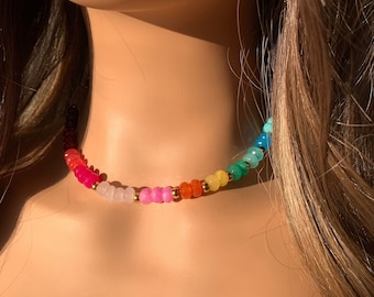 Rainbow Stone Beaded Necklace: Colorful Pearl Layering Necklace | Jewelry Gifts Jewelry Gift Resort Jewelry | Galentine's Gift