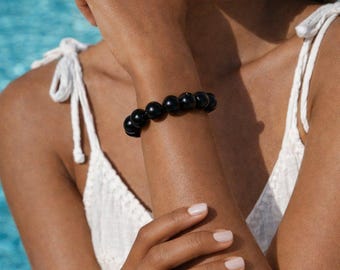 Black Onyx Bracelet 10mm: Polished Round Gemstone Stretch Bracelet for Men and Women, Elegant Stretch Band Natural Stone Jewelry Gift