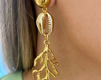 Gold Puka Cowrie Shell Earrings | Cowrie Drop Earrings Gold Coral Branch Drop Earrings Gold Coral Branch Dangle Earrings  Gold Reef Branch