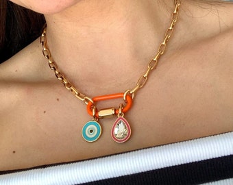 Colorful Evil Eye Charm Necklace | paperclip charm necklace Evil eye charm necklace Beach necklace Colorful charm necklace Vacation necklace
