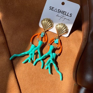 Coral branch dangle earrings Pink beaded earrings Large gold scallop stud earrings Turquoise earrings Aesthetic Jewelry Handmade Jewelry