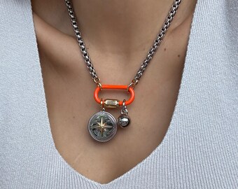 Orange Carabiner Clasp Necklace: Mixed Metals Charm, Silver Box Chain | Jewelry Gifts Jewelry Gift Resort Jewelry | Galentine's Gift