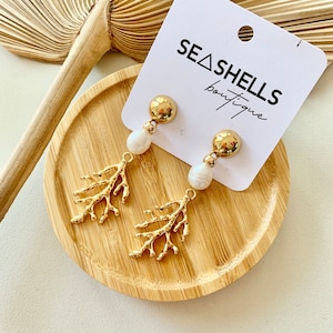 Coral Branch Drop Earrings | Freshwater Pearl Dangle Earrings With Gold Reef Branch Luxurious Earrings For Resort Summer