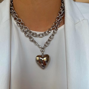 Collar de corazón de plata con forma de burbuja de 34" / Regalos de joyería / Joyería de resort / Regalo de Galentine