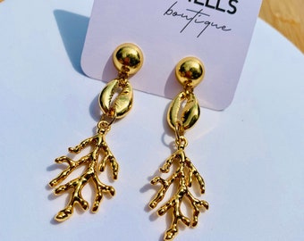 Gold cowrie shell earrings Cowrie drop earrings Gold coral branch drop earrings Gold coral branch dangle earrings with gold reef branch