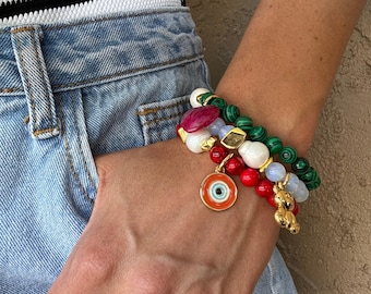 Custom Gemstone Charm Bracelet | Beaded Stack Bracelet | Best Stocking Stuffer for Teen Girls  | Christmas Jewelry Gift | Jewelry Gifts