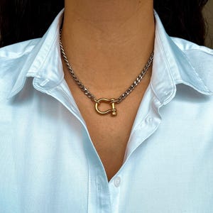 Gold carabiner lock charm necklace Silver Cuban chain necklace with Screw Marine Shackle Horseshoe Clasp Anchor Carabiner Anchor Shackle