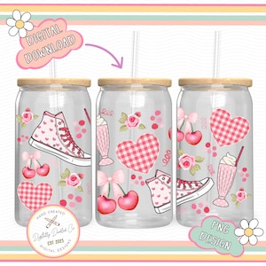May include: Three clear glass tumblers with pink and white gingham hearts, cherries, and a milkshake design. The tumblers have a wooden lid and a straw. The text "Digitally Doodled Co. Est 2023 Digital Designs" is on the bottom left tumbler.