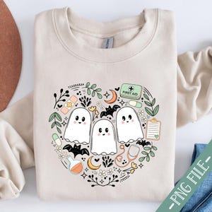 Läskig sjuksköterska PNG•Förlossnings- och Halloween-festligheter•Medicinskt spöke PNG•Läskigt sött PNG•Halloween-sjukskötersketröjadesign•Söt spökeklotter PNG•Boho PNG bild 2