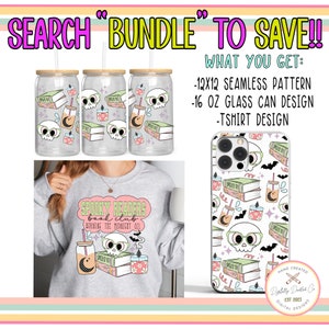 May include: A digital design bundle featuring a spooky reader book club theme. The bundle includes a 12x12 seamless pattern, a 16 oz glass can design, and a t-shirt design. The designs feature a skull with glasses, books, bats, and a crescent moon in a pastel color palette.