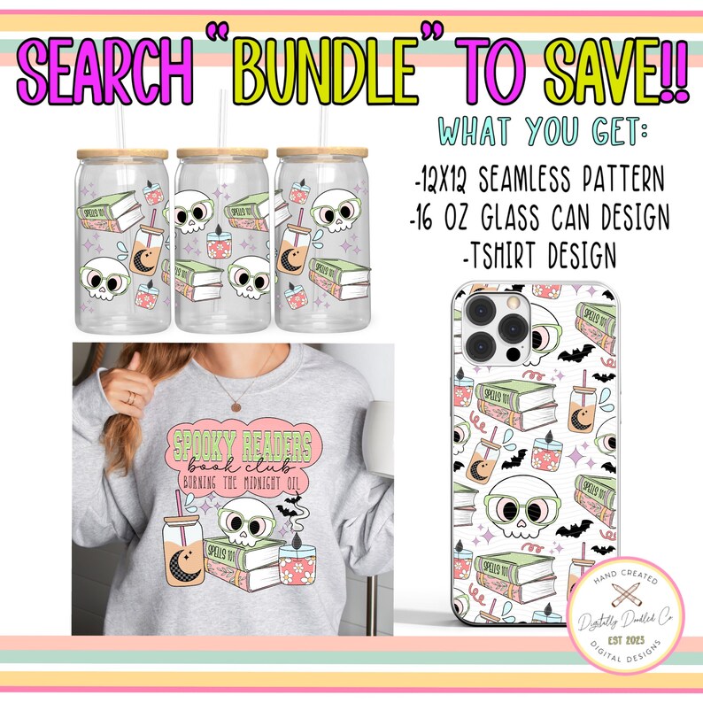 May include: A digital design bundle featuring a spooky reader book club theme. The bundle includes a 12x12 seamless pattern, a 16 oz glass can design, and a t-shirt design. The designs feature a skull with glasses, books, bats, and a crescent moon in a pastel color palette.