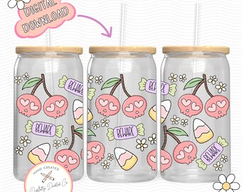 Skeleton Cherries 16 oz Glass Can Wrap•Gothic Girly•Cute Halloween•DTF Png Design•Spooky Girl•Pastel Goth Png•Spooky Season png•Creepy Cute